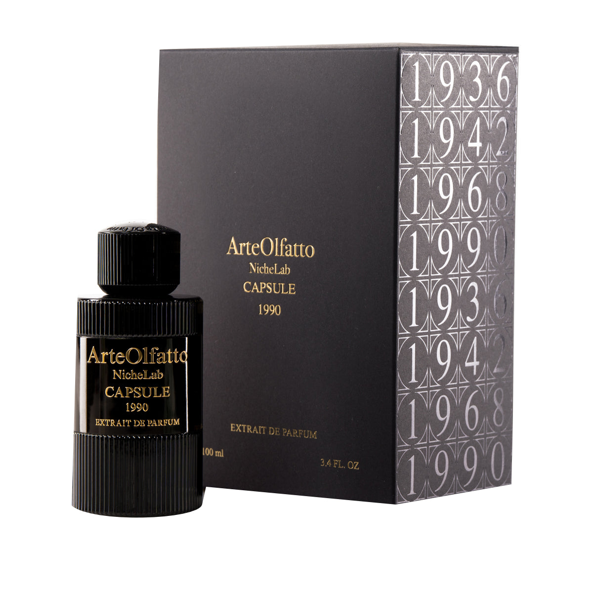 ArteOlfatto - Capsule 1990 Parfumflakon mit geriffeltem schwarzem Design und eleganter goldener Prägung neben stilvoller Verpackung