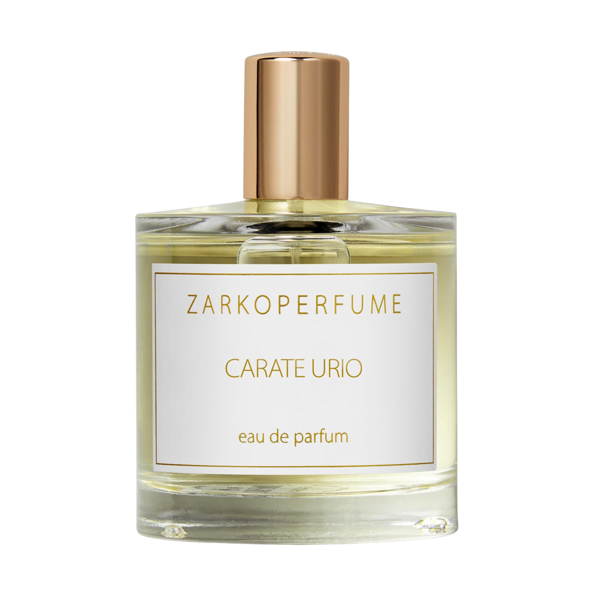 Zarkoperfume - Carate Urio klarer Parfumflakon mit goldfarbenem Verschluss und schlichtem Etikett vor weißem Hintergrund
