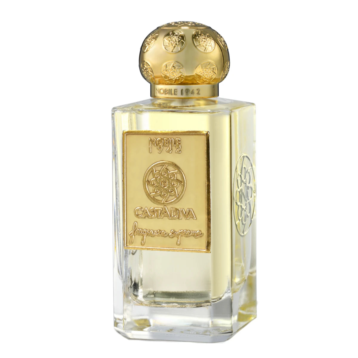 Nobile 1942 - Casta Diva - Fragranza Suprema Flakon mit goldenem Verschluss und emblematischem Etikett auf weißem Hintergrund