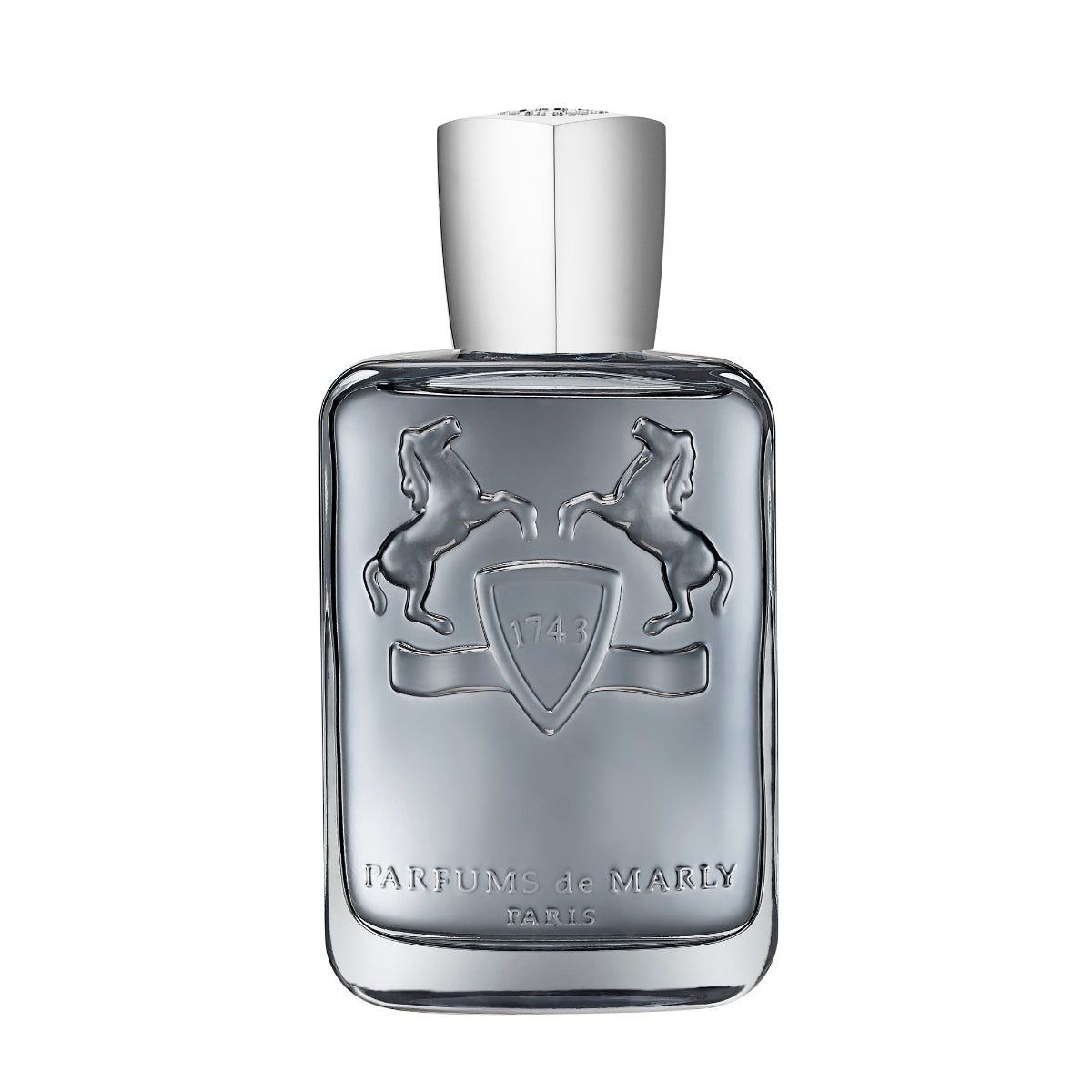 Parfums de Marly - Castley mit massivem Glasflakon, geprägtem Wappen und silbernem Verschluss vor weißem Hintergrund