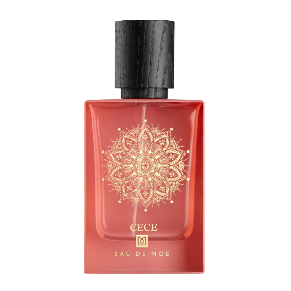 Eau De Moe - Cece Parfumflakon in warmem Korallrot mit filigranem goldenen Mandala und schwarzem Holzverschluss