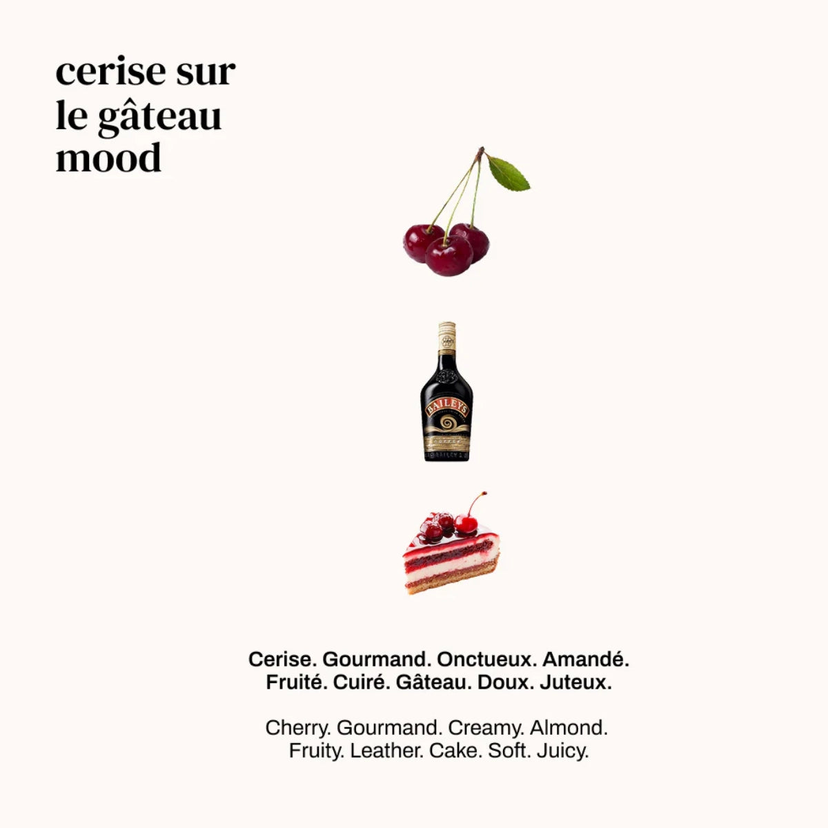 Versatile - Cerise sur le Gâteau mit Kirsche, Likörflasche und Stück Schichttorte auf hellem Hintergrund