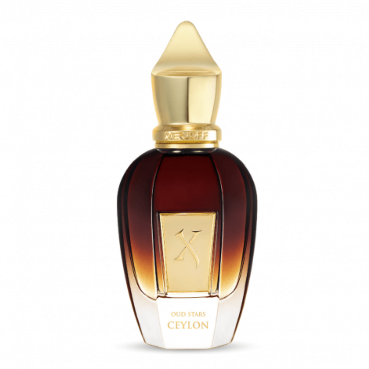 Xerjoff - Oud Stars - Ceylon Parfumflakon mit goldfarbenem Verschluss und dunkelbraunem Glas vor weißem Hintergrund