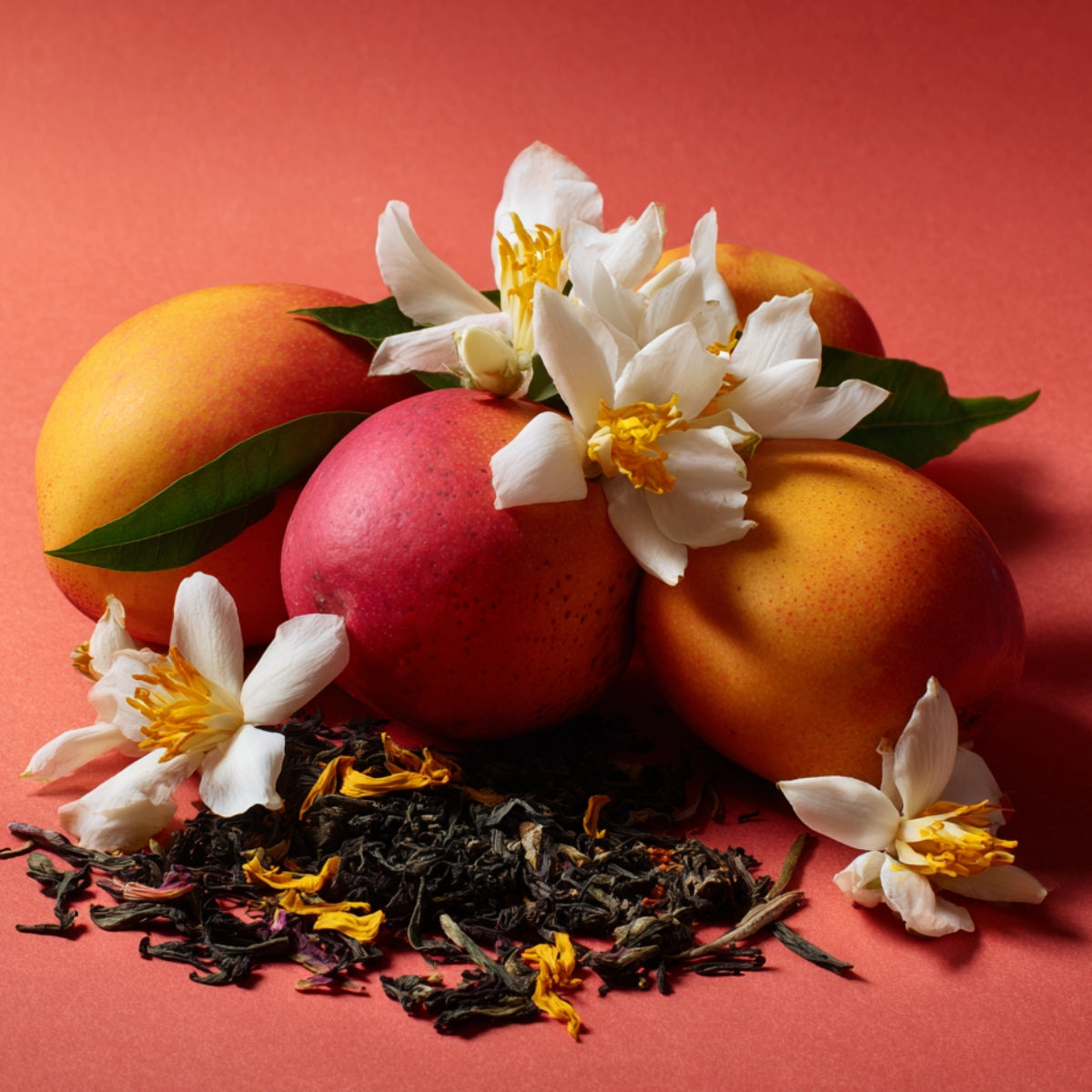 Headspace - Les Extraits - Champaca mit reifen Mangos, weißen Blüten und losen Teeblättern auf orangefarbenem Hintergrund