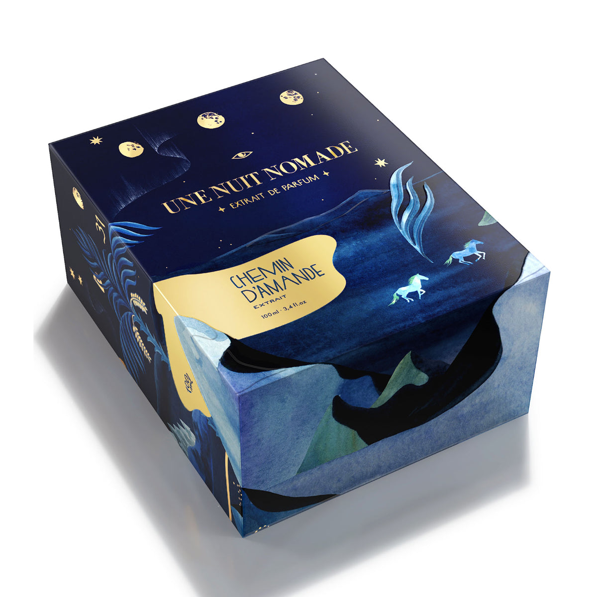 Une Nuit Nomade - Extraits de Voyage - Chemin D'Amande Geschenkbox mit mystischem Nachtmotiv in tiefblau und goldfarbenem Schriftzug