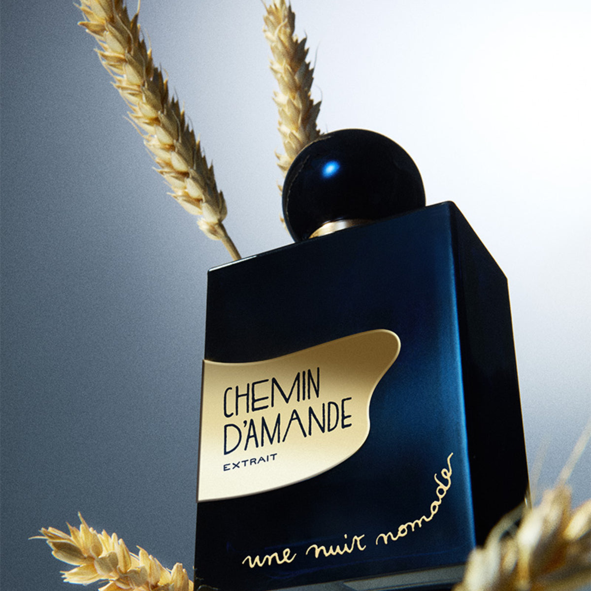 Une Nuit Nomade - Extraits de Voyage - Chemin D'Amande Flakon in tiefblau mit goldfarbenem Etikett und Getreidezweigen