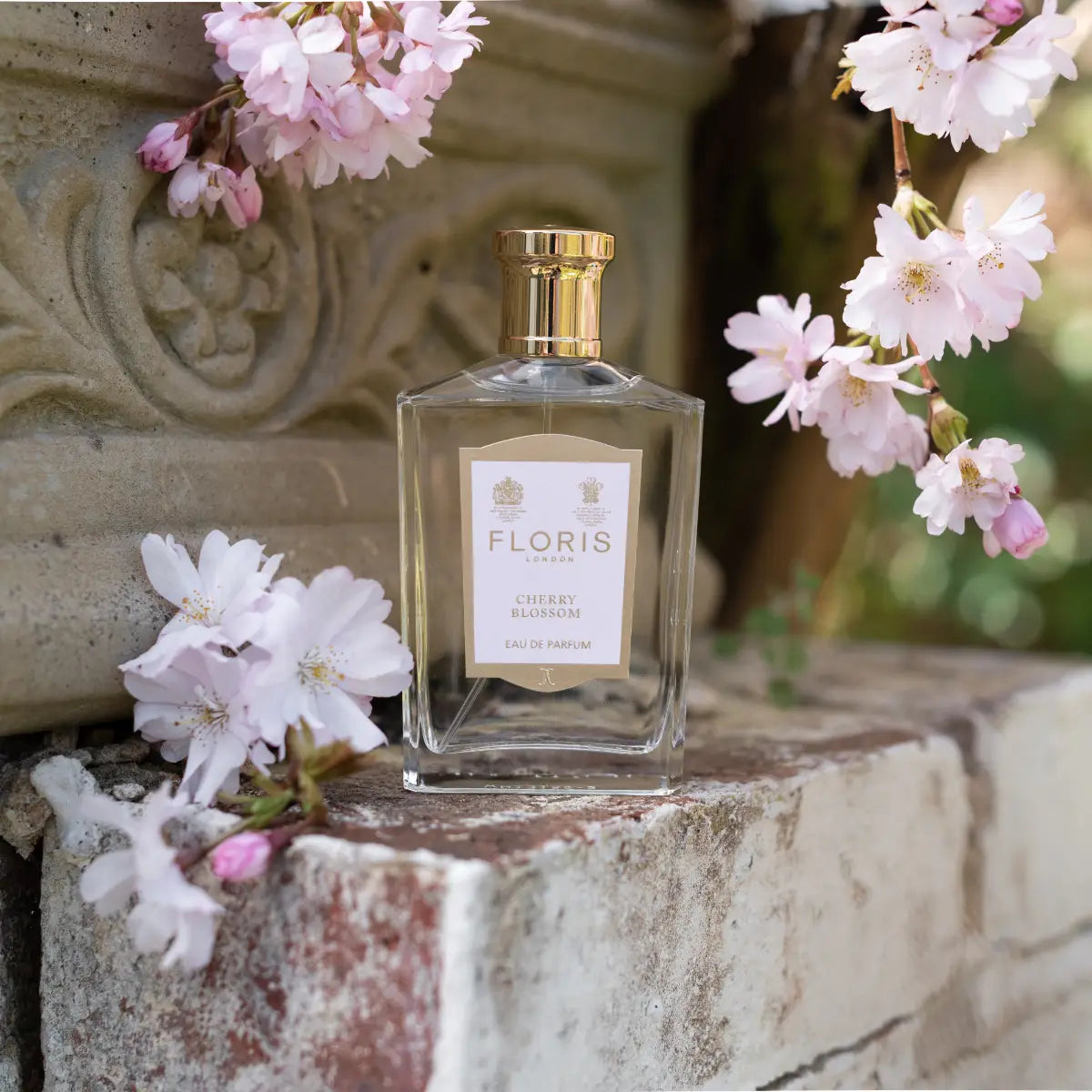 Floris - Cherry Blossom klarer Parfümflakon mit goldfarbenem Verschluss umgeben von zarten Kirschblüten in natürlicher Umgebung