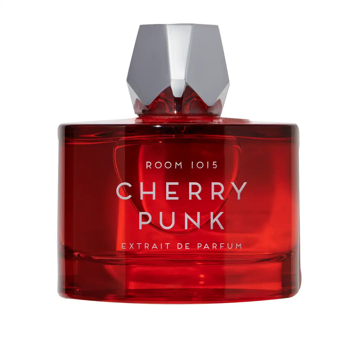 Room 1015 - Cherry Punk - Extrait Parfumflakon in leuchtendem Rot mit silbernem, facettiertem Verschluss vor weißem Hintergrund