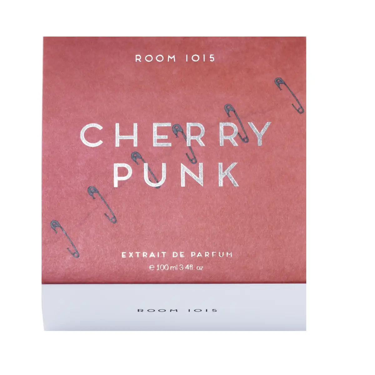 Room 1015 - Cherry Punk - Extrait Parfumverpackung in mattem Rot mit Sicherheitsnadeldruck und weißem Untergrund