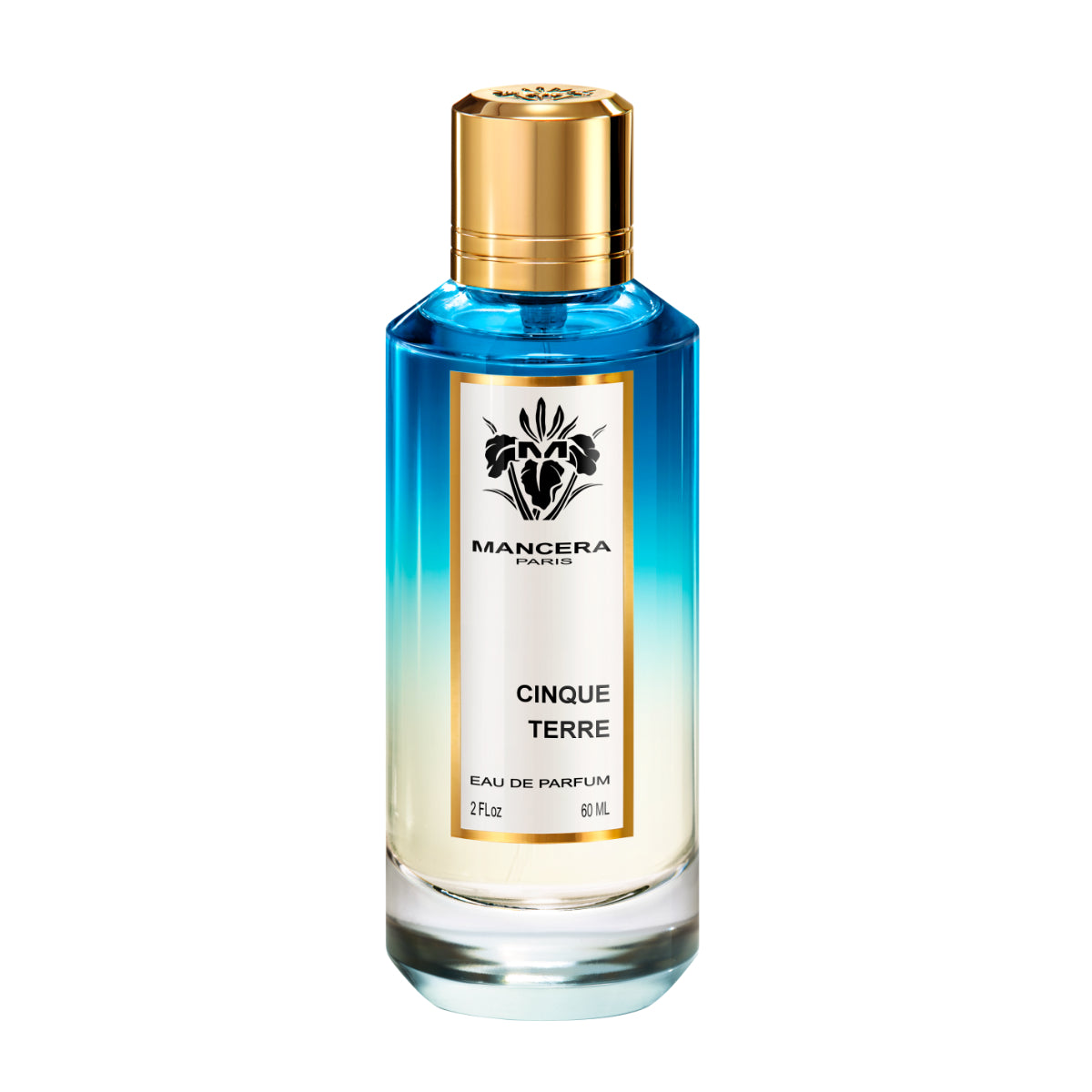 Mancera - Cinque Terre Parfumflakon mit blau-weißem Farbverlauf und goldenem Verschluss vor weißem Hintergrund