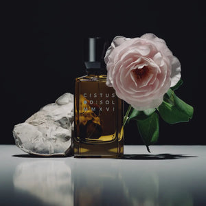 D:SOL MMXVI - Cistus Parfumflakon in bernsteinfarbenem Glas mit zarter Blüte und natürlichem Stein im Arrangement