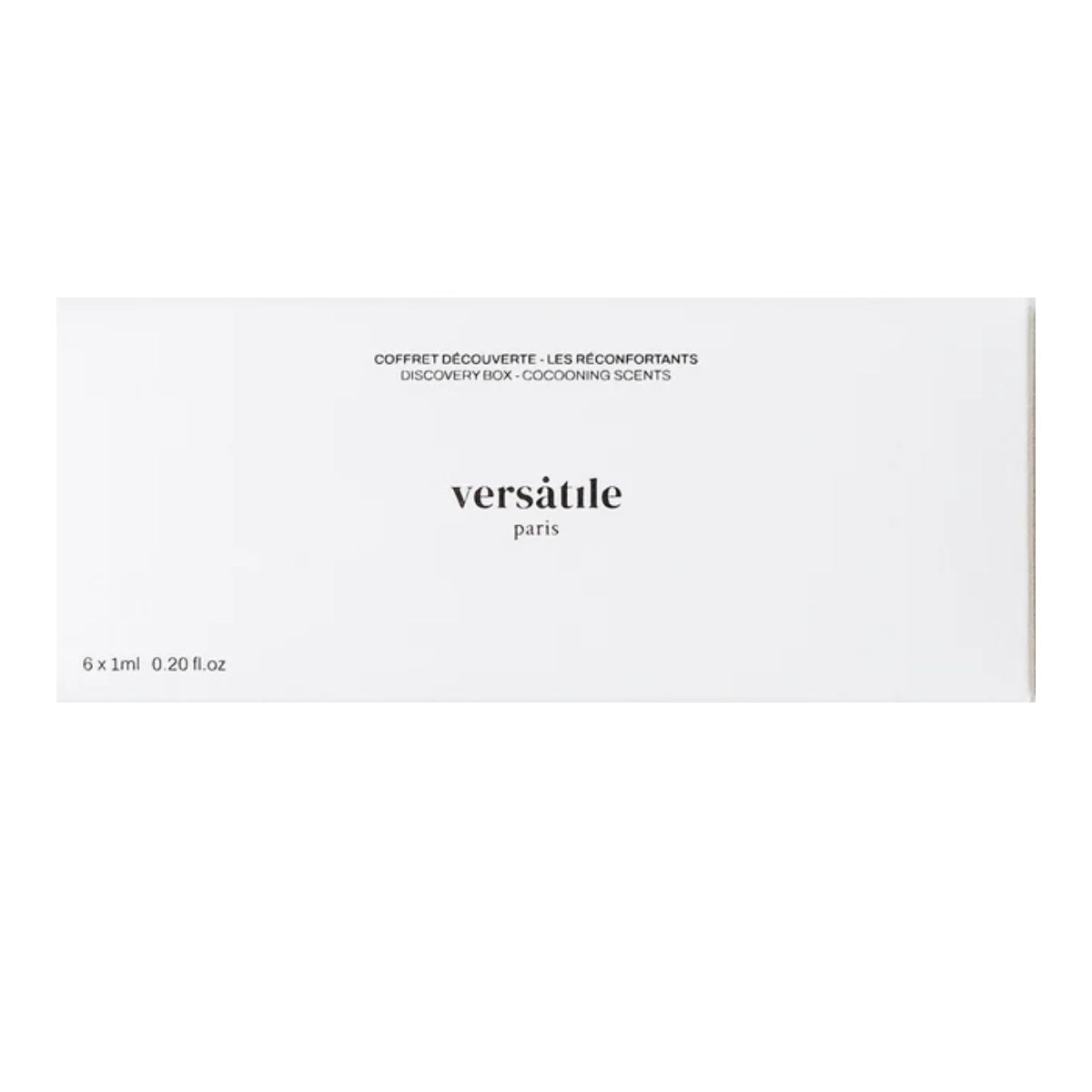 Versatile - Discovery Set - Cocooning Scents zeigt schlichte weiße Verpackung mit minimalistischem schwarzweißem Schriftzug