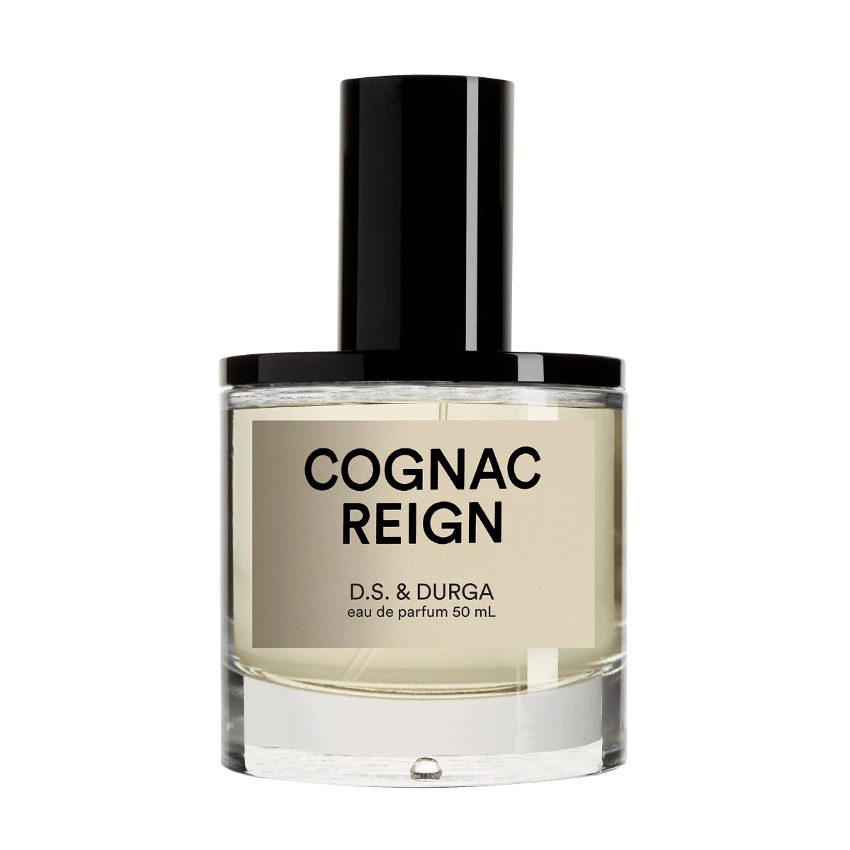 D.S. & Durga - Cognac Reign Parfumflakon mit schlichtem Etikett in elegantem, rundem Glas und schwarzem Verschluss