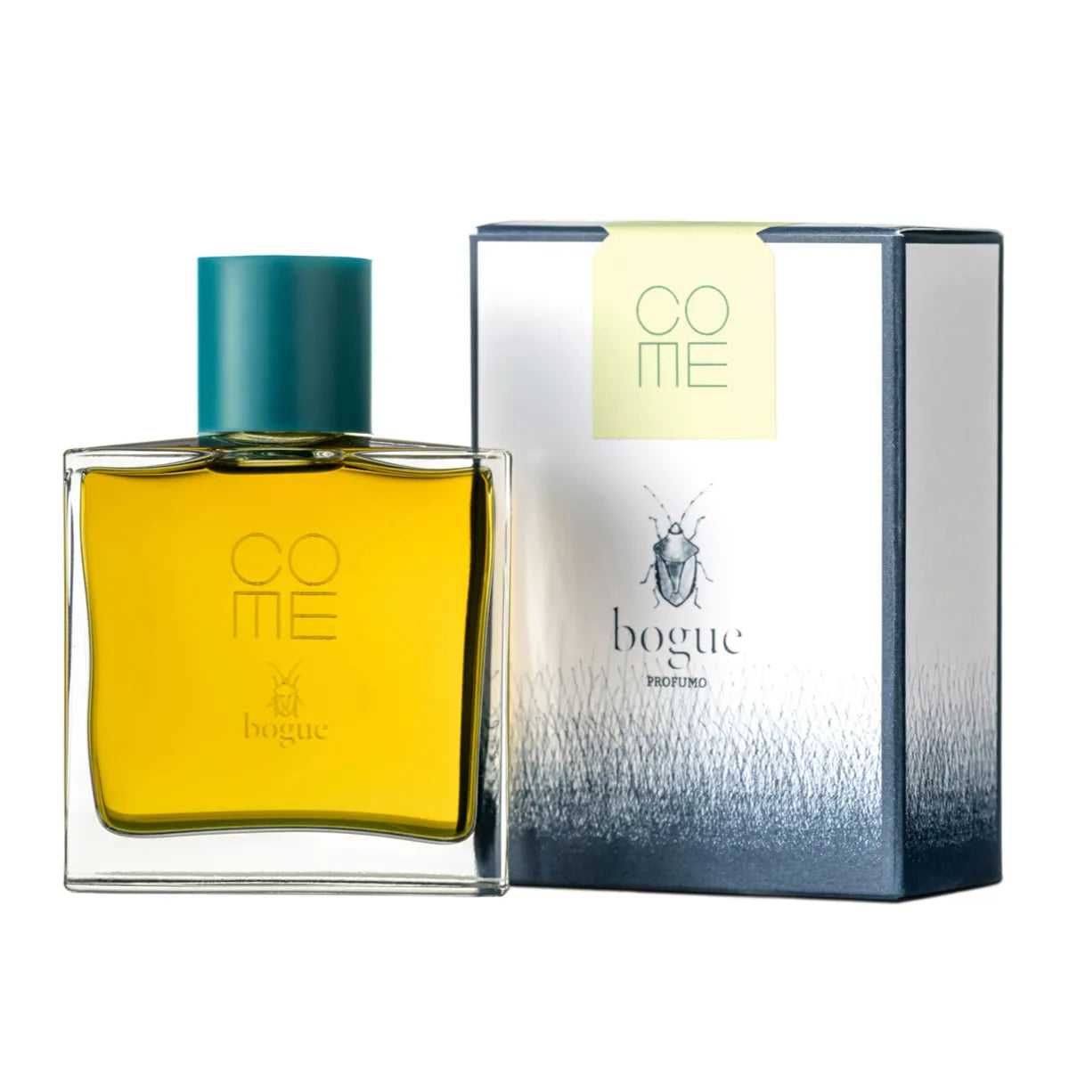 bogue Profumo - COME Parfumflakon mit goldgelbem Duft und petrolgrünem Verschluss neben silberblauer Verpackung