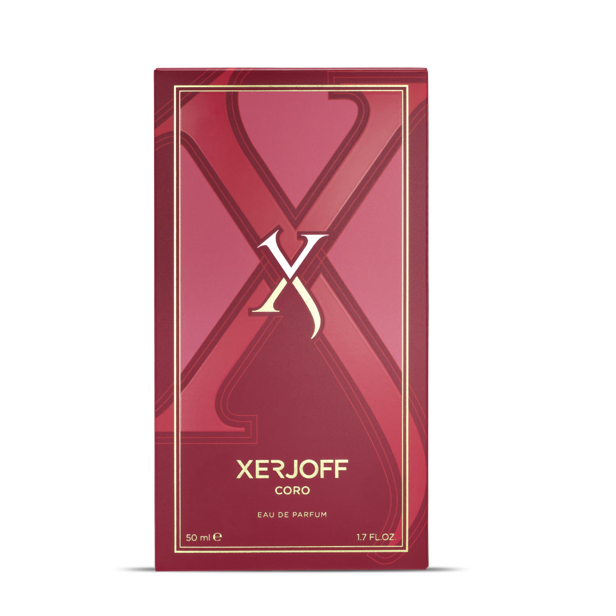 Xerjoff - Vibe - Coro Verpackung in sattem Dunkelrot mit goldenem Rand und weißem Markenlogo auf weißem Hintergrund