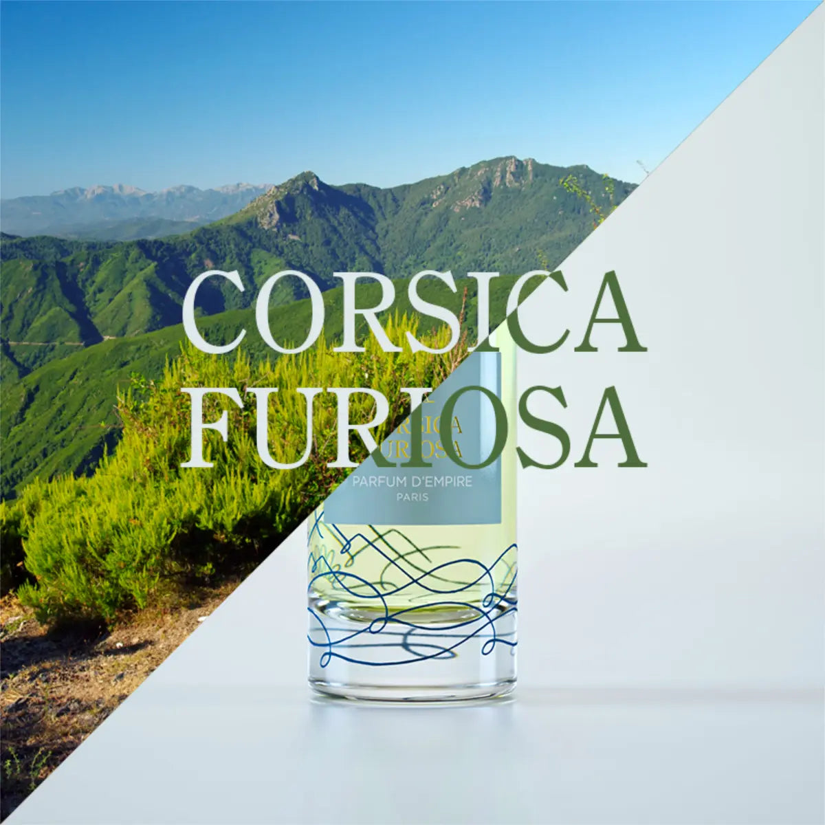 Parfum d'Empire - Corsica Furiosa Flakon vor mediterraner Berglandschaft mit grünem Farbverlauf und elegantem Design