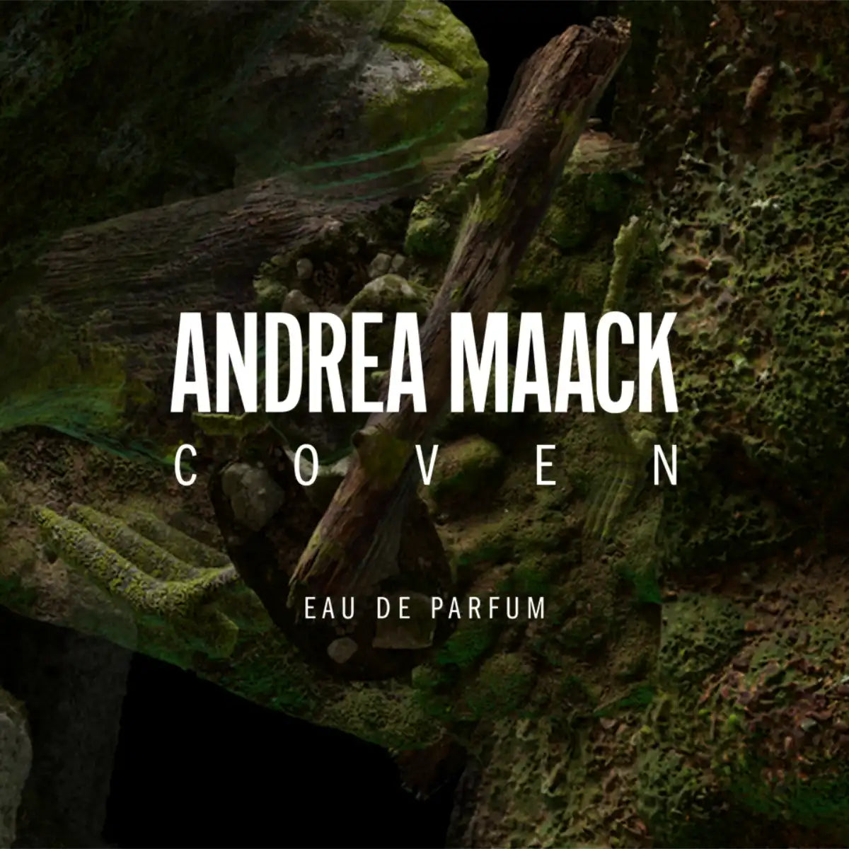 Andrea Maack Parfums - Coven Schriftzug vor moosbedecktem, verwachsenem Holz in dunklem, geheimnisvollem Ambiente