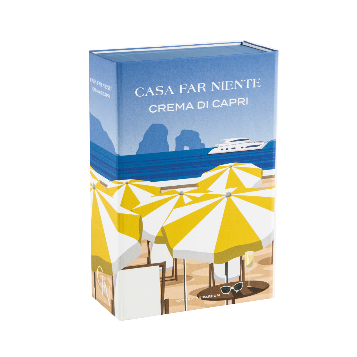 Casa Far Niente - Crema di Capri Verpackung mit gelb-weißen Sonnenschirmen und Yacht vor blauem Mittelmeerhintergrund