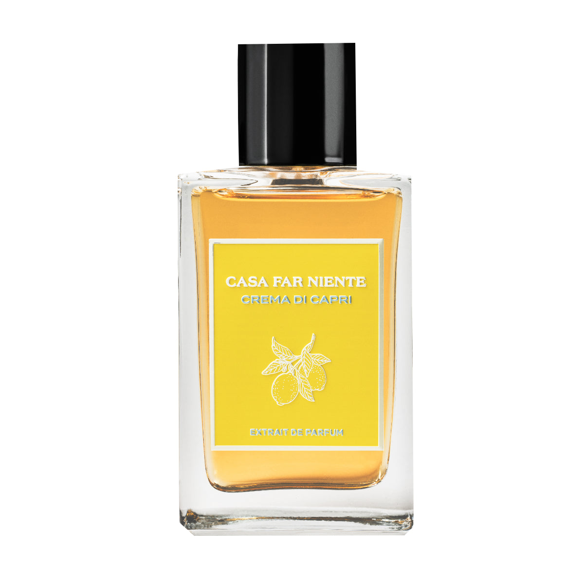 Casa Far Niente - Crema di Capri Parfumflakon mit sonnengelbem Etikett und schwarzem Verschluss vor weißem Hintergrund