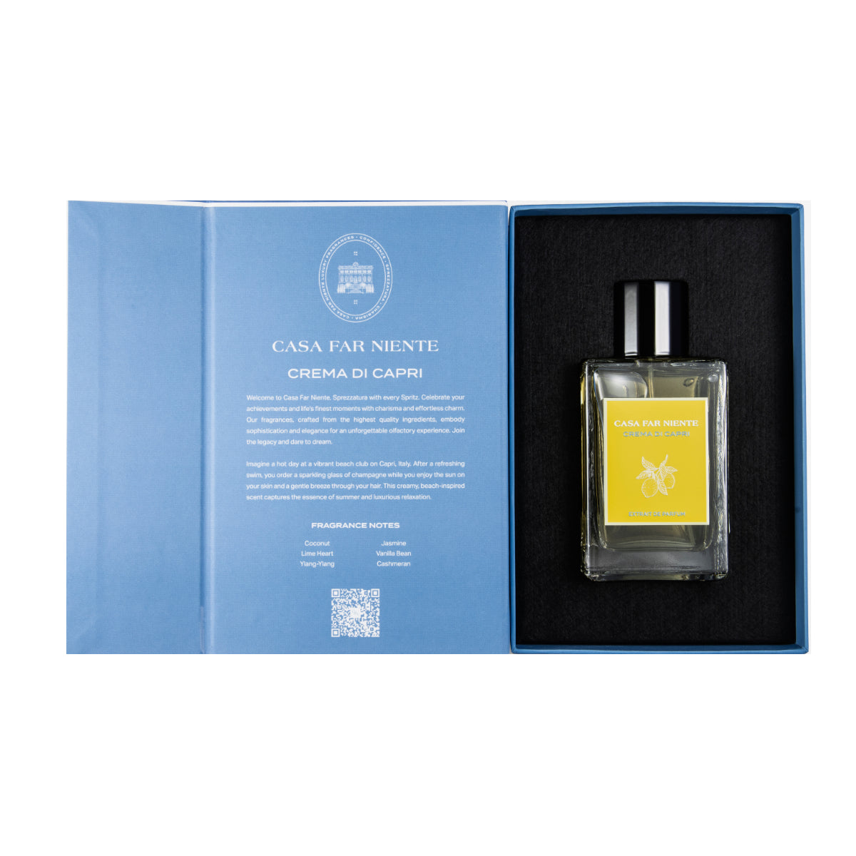 Casa Far Niente - Crema di Capri Parfumflakon in blauer Geschenkbox mit gelbem Etikett und schwarzem Verschluss