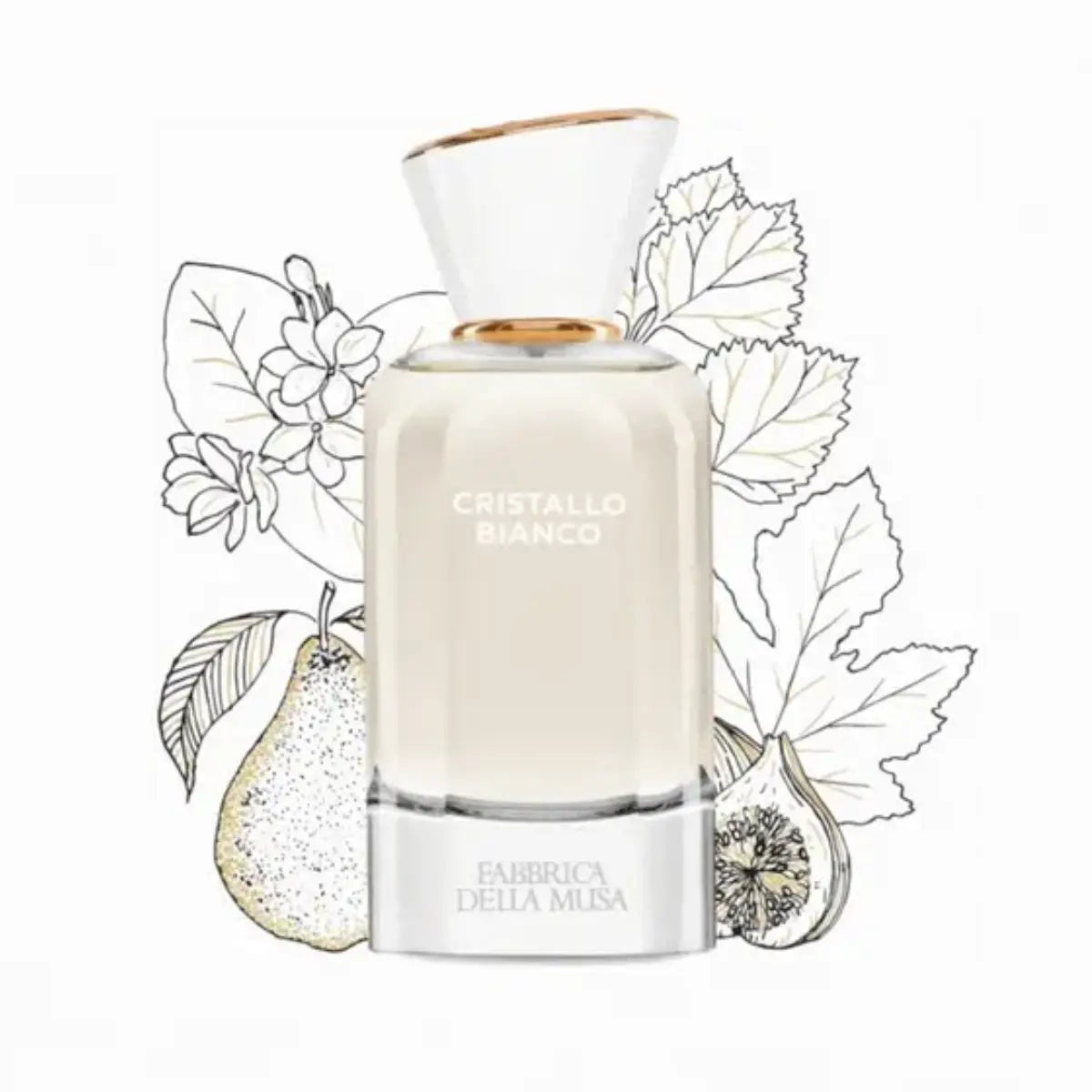Fabbrica della Musa - Cristallo Bianco eleganter Flakon mit weiß-goldenem Verschluss vor zarten botanischen Illustrationen