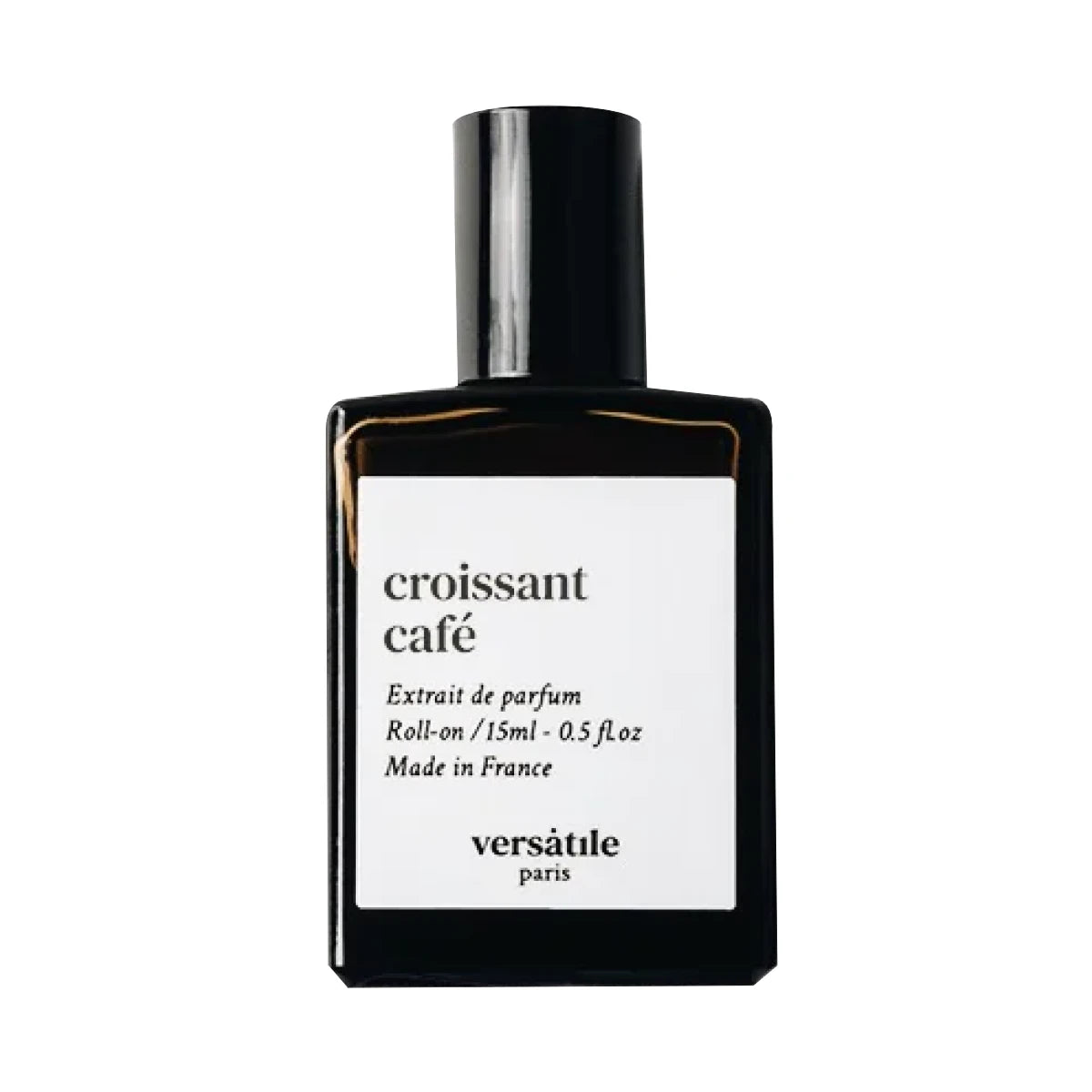 Versatile - Croissant Café Roll-on Flakon in schlichtem Schwarz mit weißem Etikett und moderner Typografie auf weißem Hintergrund