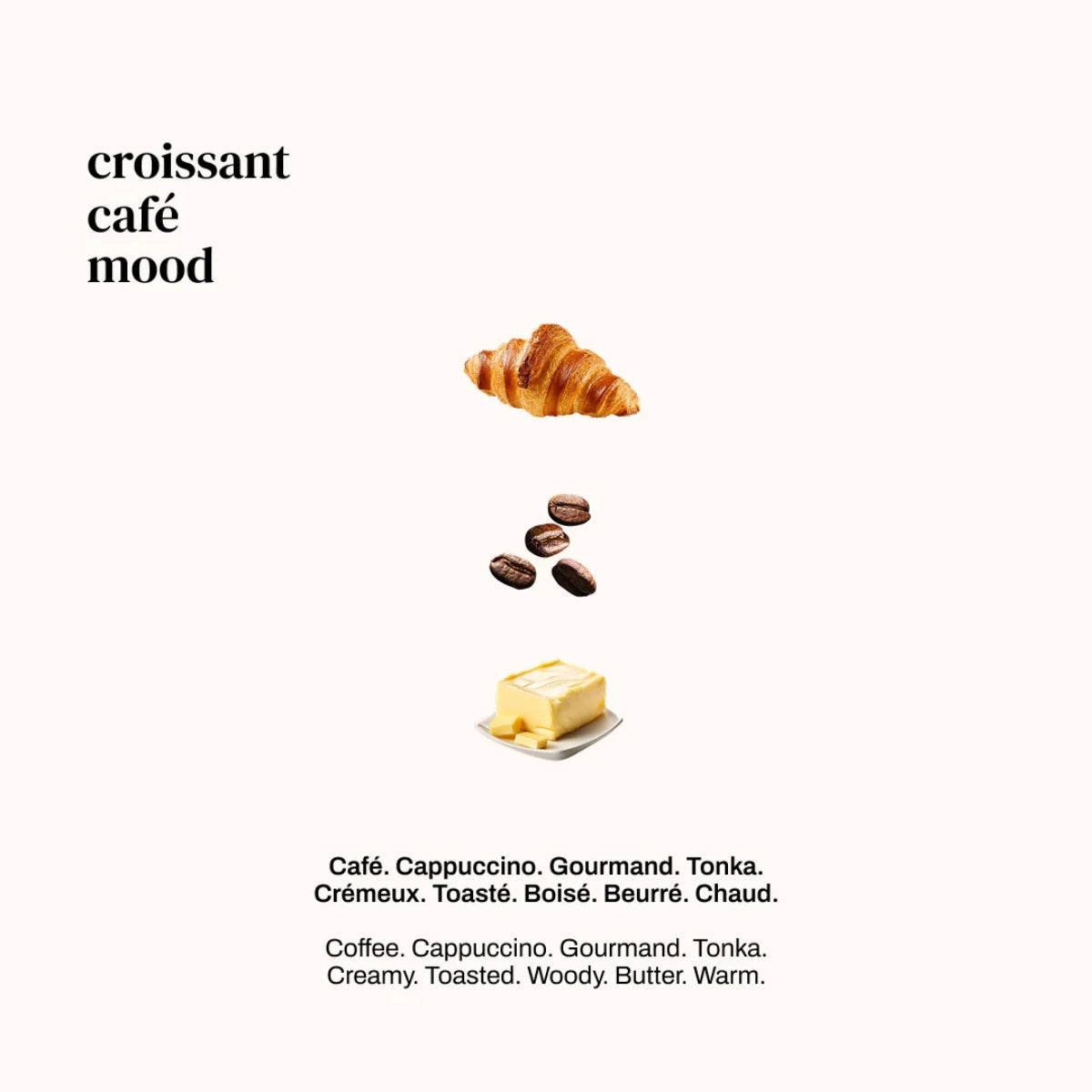 Versatile - Croissant Café mit Croissant, Kaffeebohnen und Butter auf hellem Hintergrund in minimalistischer Anordnung