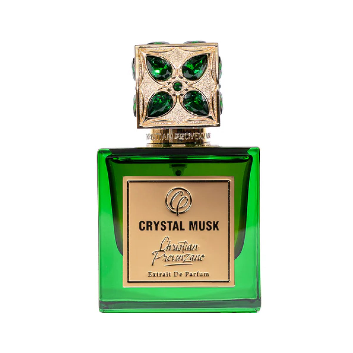 Christian Provenzano -  Crystal Musk Parfumflakon in sattem Grün mit goldener Frontplatte und verziertem Verschluss vor weißem Hintergrund