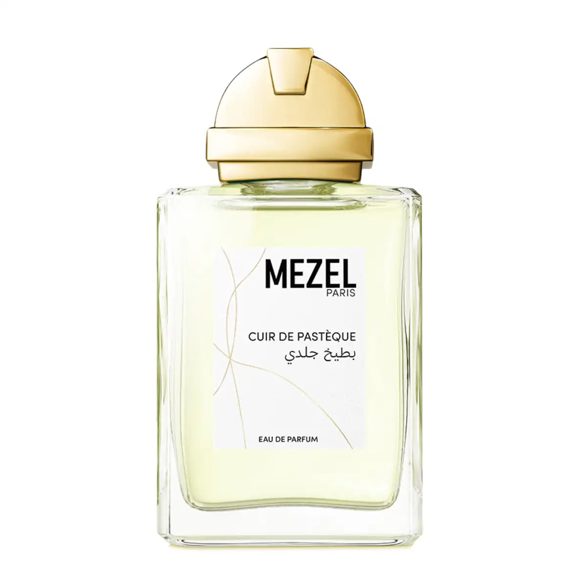 Mezel Paris - Cuir de Pastèque Parfumflakon mit goldenem Verschluss vor weißem Hintergrund im klaren Glasdesign
