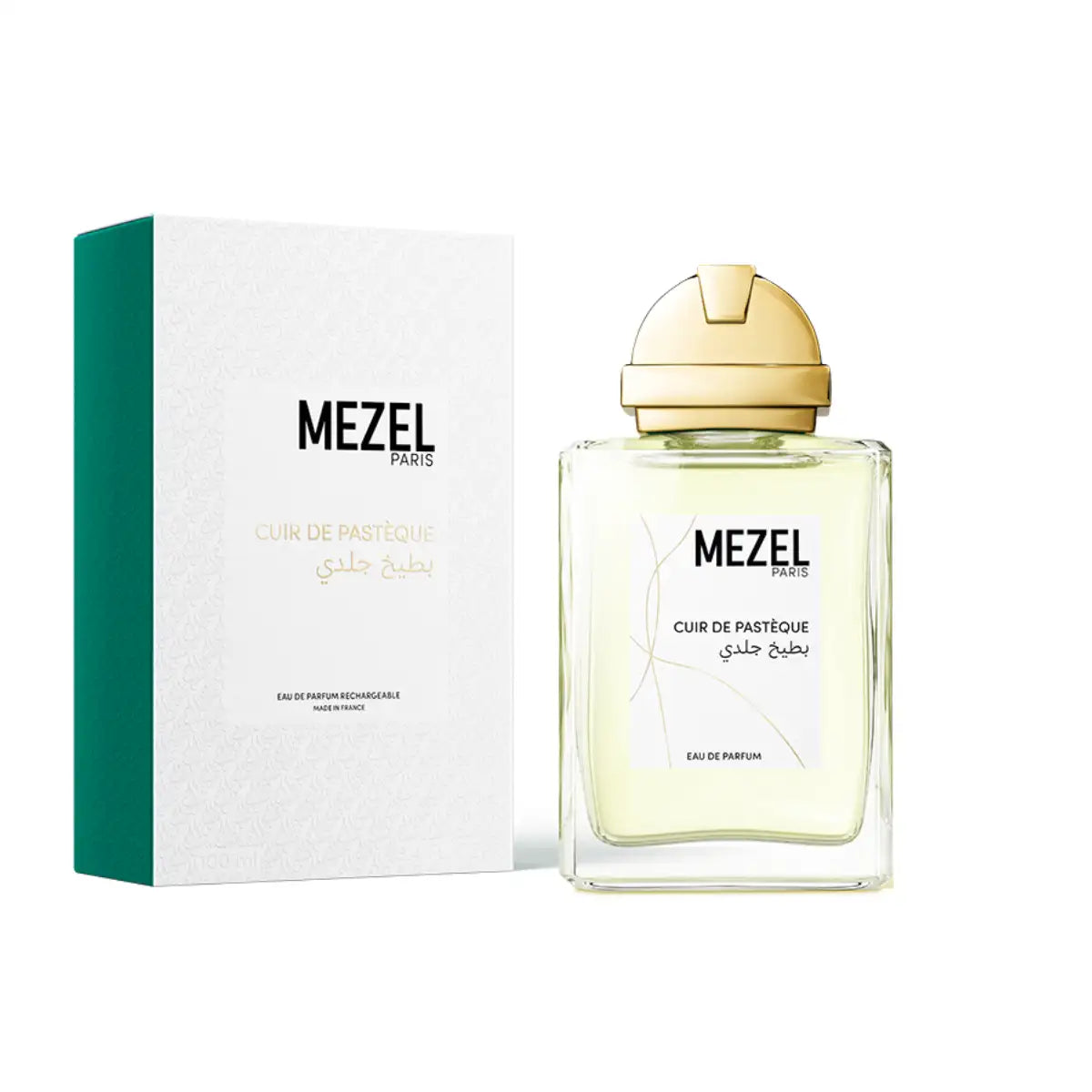 Mezel Paris - Cuir de Pastèque Parfumflakon mit goldenem Verschluss neben elegantem weißen Verpackungskarton