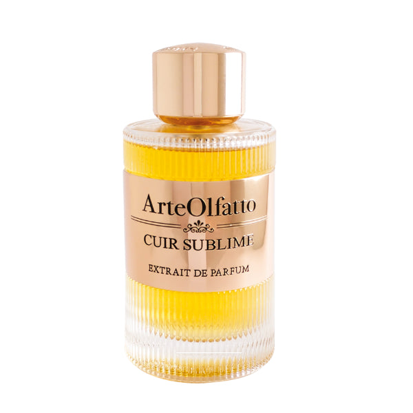 ArteOlfatto - Cuir Sublime Parfümflakon mit edlem goldfarbenem Etikett und warmem bernsteinfarbenem Duftfluid.