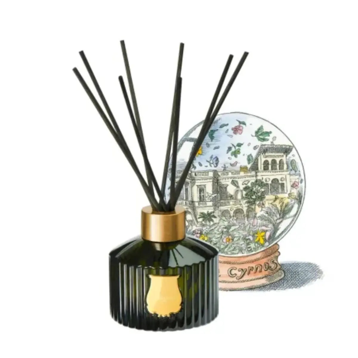 Trudon - Reed Diffusor - Cyrnos mit dunkelgrünem geriffeltem Flakon und goldfarbenem Verschluss vor weißem Hintergrund