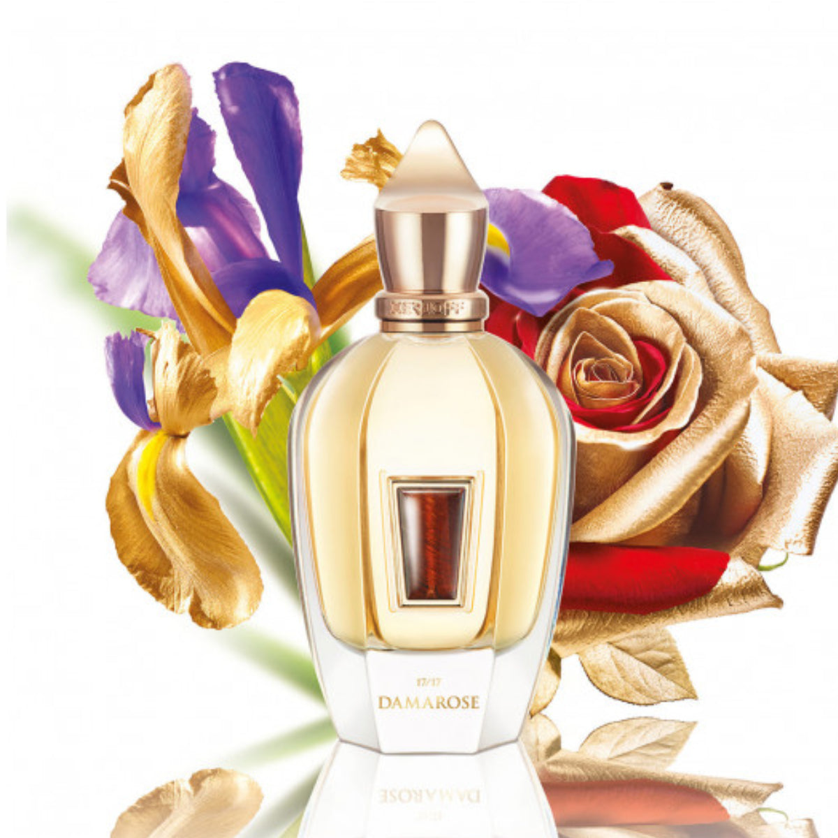 Xerjoff - XJ 17/17 - Stone Label - Damarose Flakon mit goldener Rose und lila Iris als Hintergrundkomposition