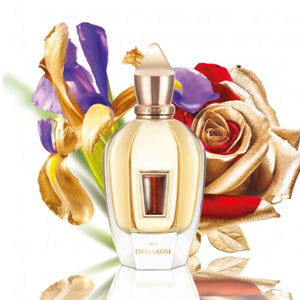 Xerjoff - XJ 17/17 - Stone Label - Damarose Flakon mit goldener Rose und lila Iris als Hintergrundkomposition