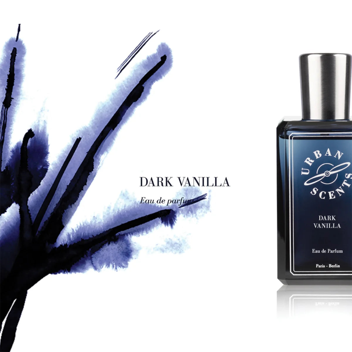 Urban Scents - Dark Vanilla Eau de Parfum in edlem dunkelblauem Flakon mit silberner Kappe vor weißem Hintergrund