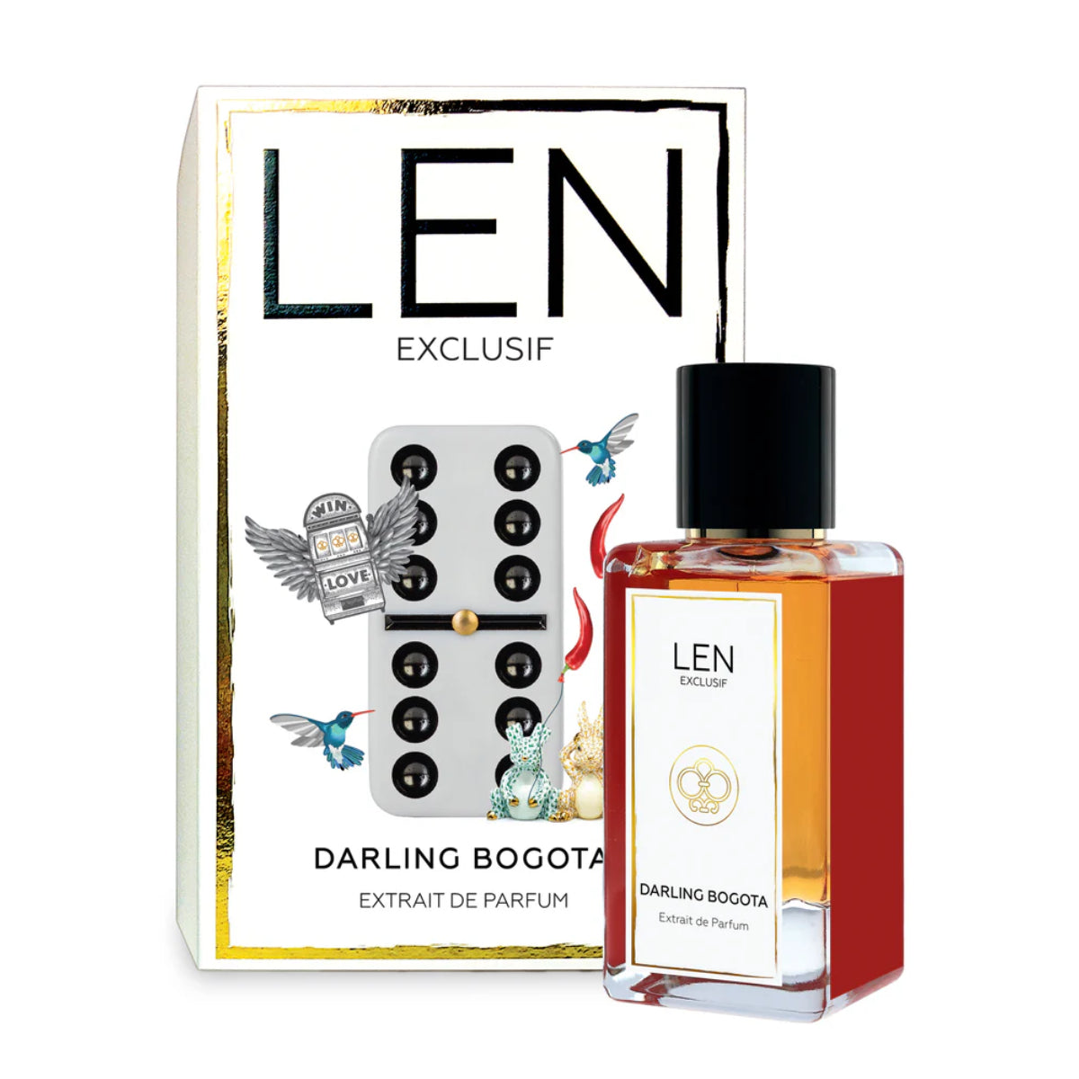 LEN - Darling Bogota Parfumflakon mit bernsteinfarbener Flüssigkeit vor verziertem Karton mit Dominosteinen und Kolibris