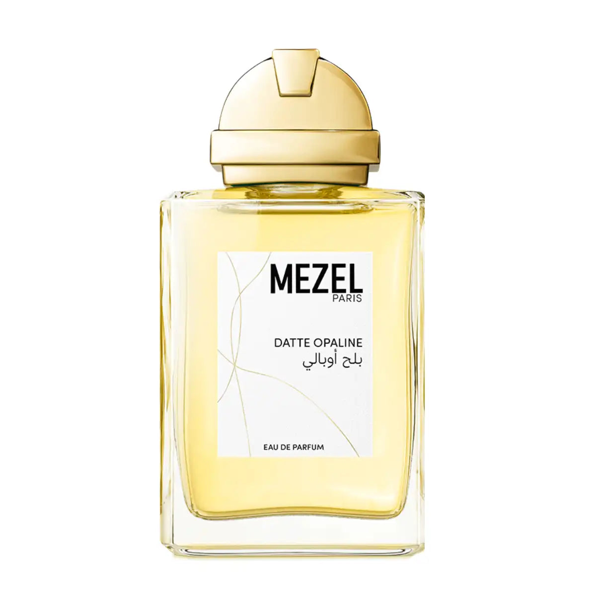 Mezel Paris - Datte Opaline Parfumflakon mit goldfarbenem Verschluss und hellgelbem Duft im klaren Glasflakon