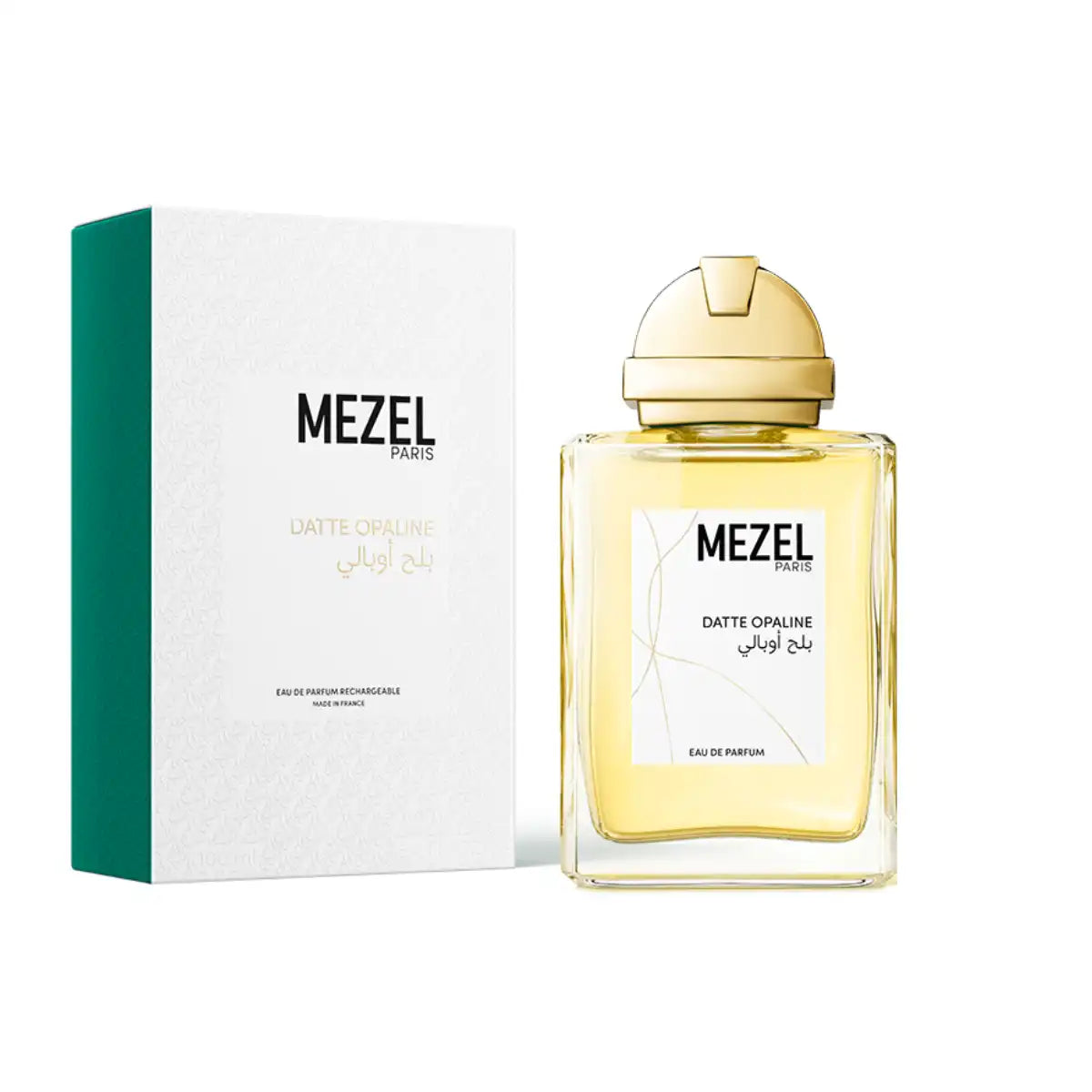 Mezel Paris - Datte Opaline Eau de Parfum in elegantem Glasflakon mit goldfarbenem Verschluss und weißer Verpackung