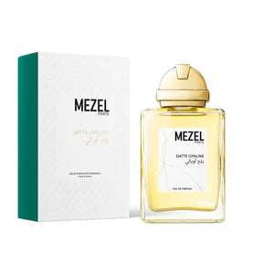 Mezel Paris - Datte Opaline Eau de Parfum in elegantem Glasflakon mit goldfarbenem Verschluss und weißer Verpackung