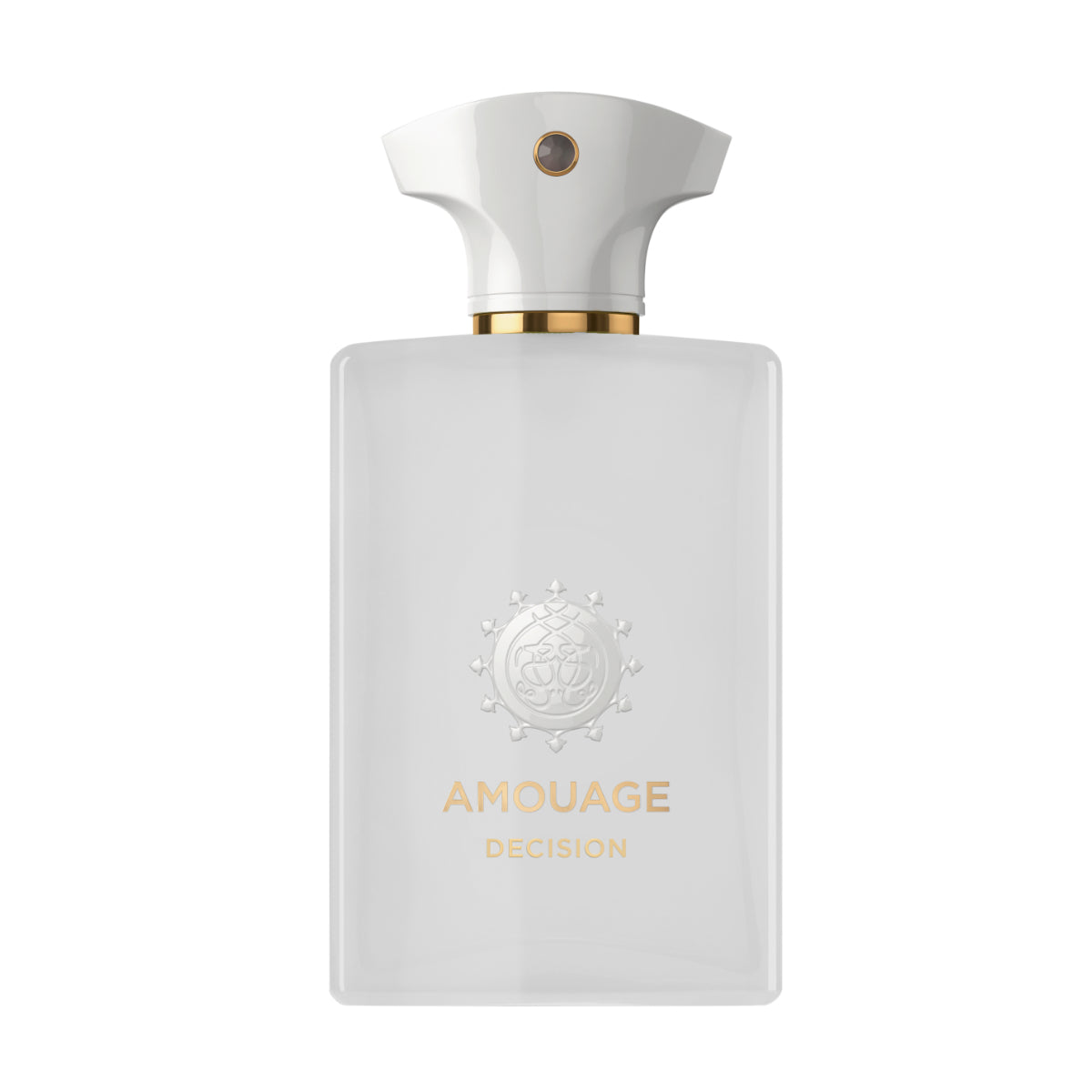 Amouage - Decision Parfumflasche in klarem Weiß mit goldenen Akzenten vor weißem Hintergrund
