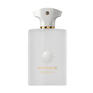 Amouage - Decision Parfumflasche in klarem Weiß mit goldenen Akzenten vor weißem Hintergrund
