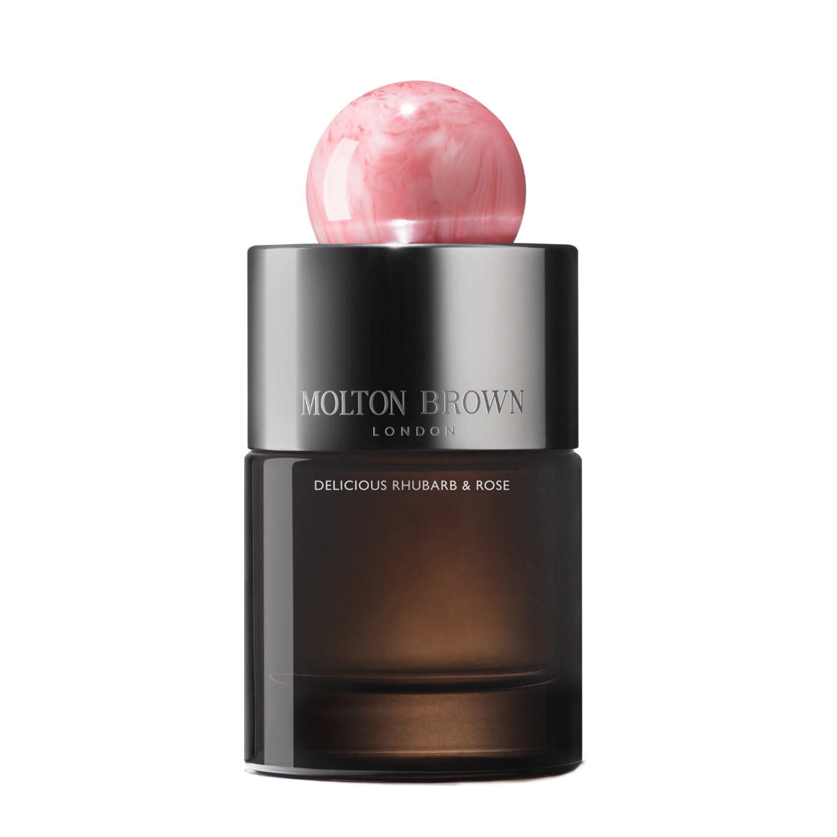 Molton Brown - Delicious Rhubarb & Rose Duftflakon mit dunklem Glas und rosa, marmoriertem Verschluss vor weißem Hintergrund