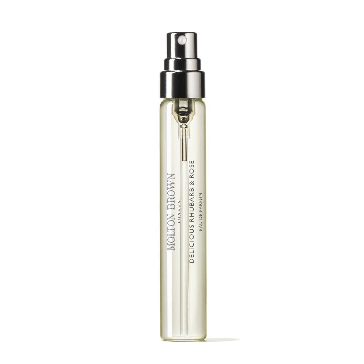 Molton Brown - Delicious Rhubarb & Rose feiner Reisezerstäuber mit transparentem Flakon und silbernem Sprühkopf vor weißem Hintergrund