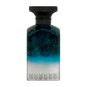 Anfas - Fosol Collection - Dhai Parfumflakon mit blau-weißem Design und schwarzem Deckel vor weißem Hintergrund
