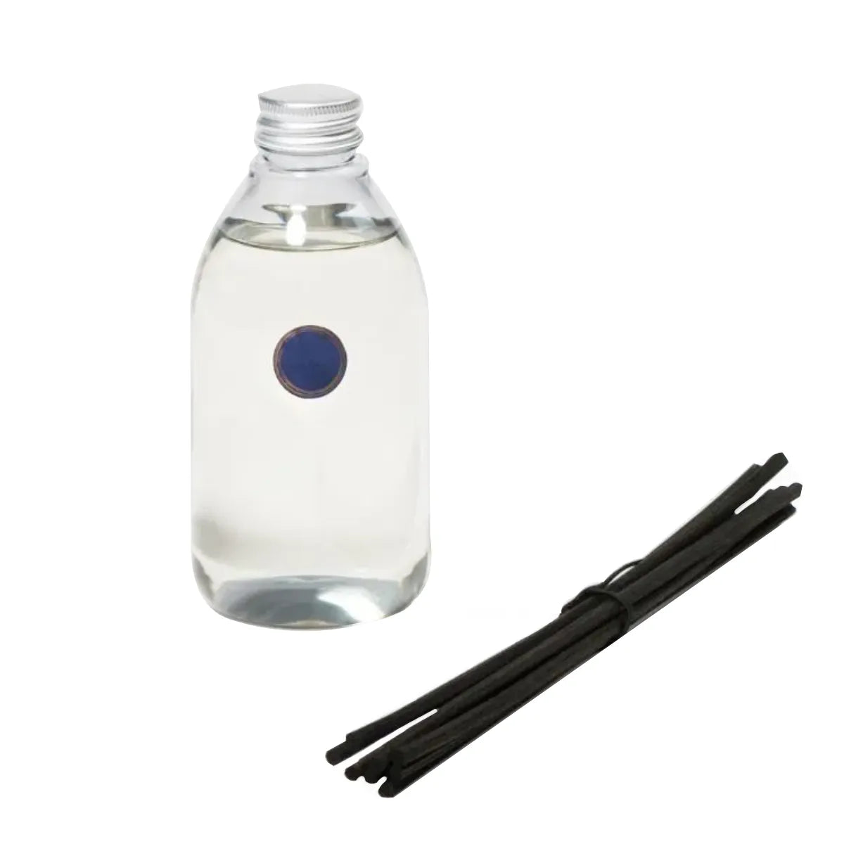 Trudon - Reed Diffusor - Cyrnos Nachfüllflasche mit klarem Duftöl und schwarzen Diffusorstäbchen vor weißem Hintergrund
