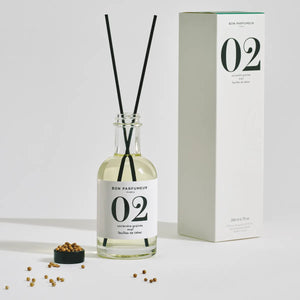 Bon Parfumeur - Diffusor 02 mit klarer Glasflasche, schwarzem Etikett und Duftstäbchen vor weißem Hintergrund