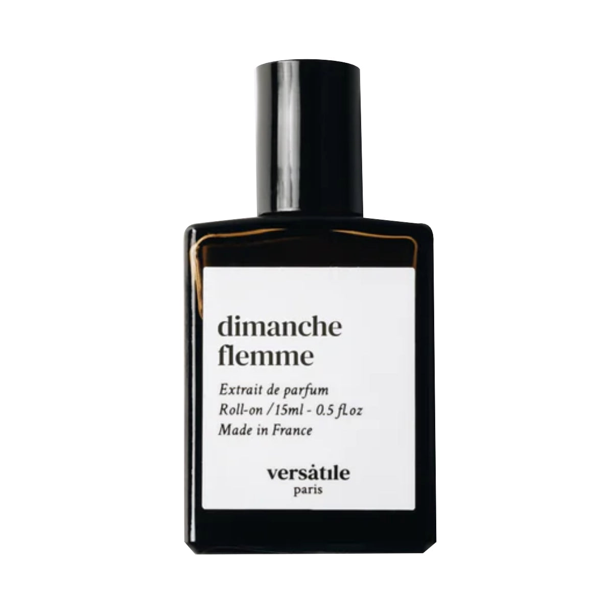 Versatile - Dimanche Flemme Roll-on Flakon in elegantem Schwarz mit weißem Etikett auf weißem Hintergrund
