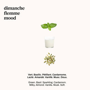 Versatile - Dimanche Flemme mit Basilikumblatt, milchigem Getränk und Kardamomsamen auf hellem Hintergrund minimalistischer Stil