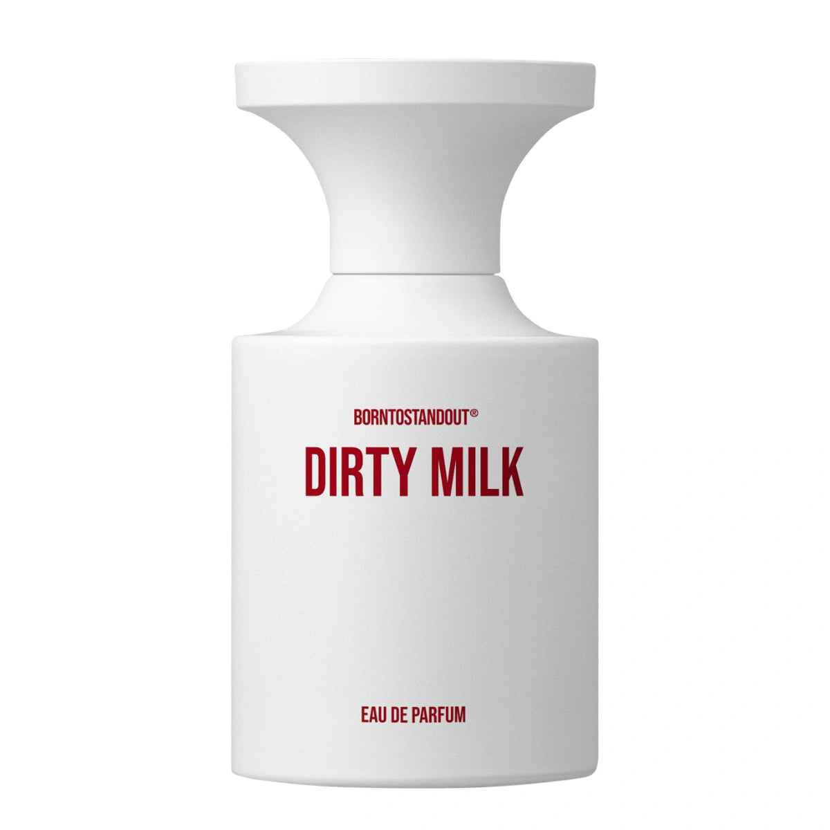 BORNTOSTANDOUT - Dirty Milk zeigt minimalistischen weißen Flakon mit markanter roter Schrift auf hellem Hintergrund
