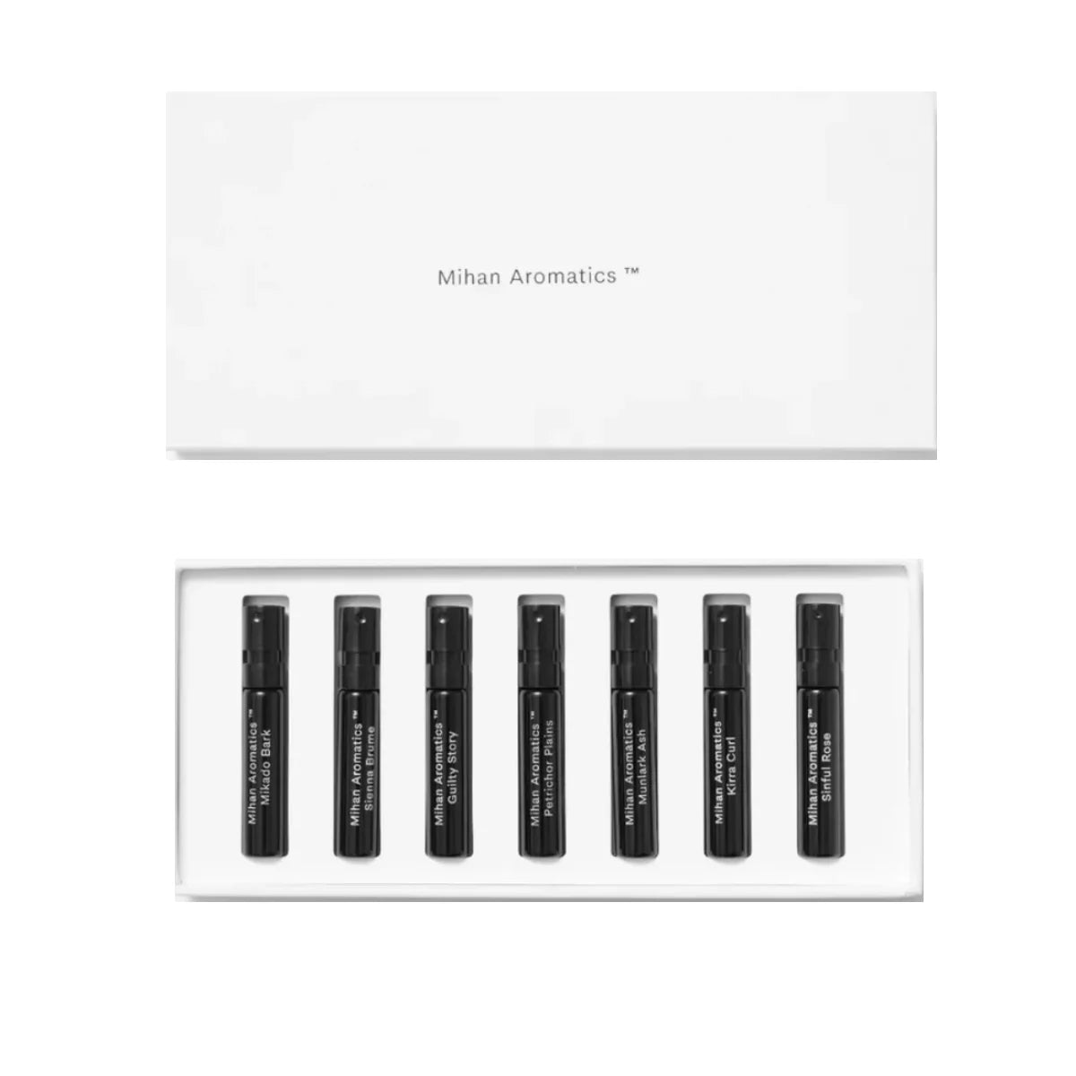 Mihan Aromatics - Discovery Kit mit sieben kleinen Duftproben in schwarzem Design in weißer Box präsentiert